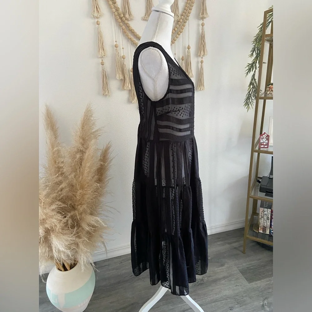 J Crew black sheer midi dress sleeveless Swiss dot ruffle tier party medium